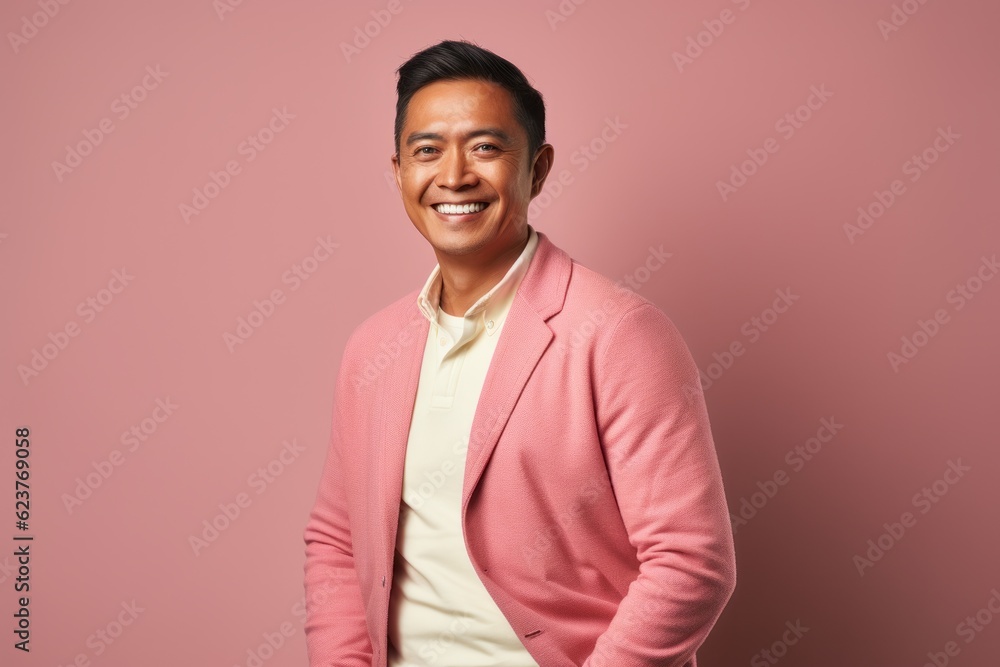 Portrait of happy young asian man in pink jacket on pink background Portrait of happy young asian man in pink jacket on pink background
