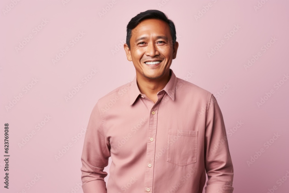 Portrait of a smiling young asian man standing against pink background Portrait of a smiling young asian man standing against pink background