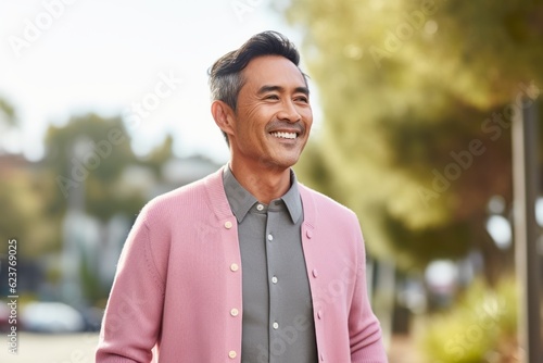 Portrait of a smiling mature man standing outside wearing a pink jacket