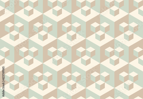 Seamless vector 3D geometric pattern with cubes and optical illusions. Op Art. Modern pastel color template for wrapping, cards, fabric, packing. Endless background. Wallpapers. 3D Tile