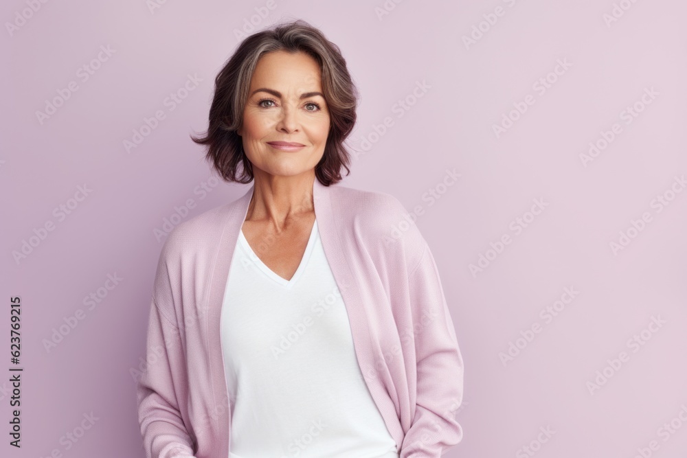 Portrait of smiling mature woman in casual clothes looking at camera, isolated on violet background Portrait of smiling mature woman in casual clothes looking at camera, isolated on violet background