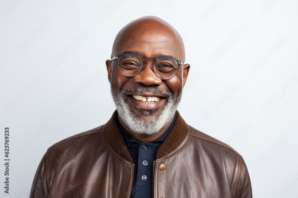 Portrait of a happy senior man in leather jacket and eyeglasses Portrait of a happy senior man in leather jacket and eyeglasses