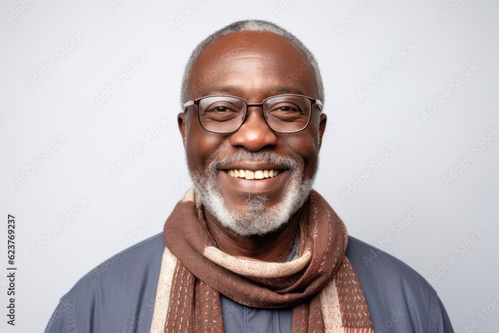 Portrait of a smiling senior african american man wearing glasses and scarf Portrait of a smiling senior african american man wearing glasses and scarf
