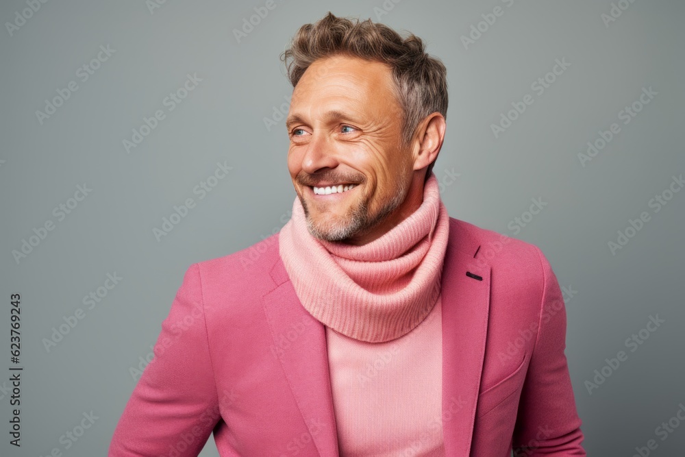 smiling middle aged man in pink jacket and pink scarf isolated on grey smiling middle aged man in pink jacket and pink scarf isolated on grey