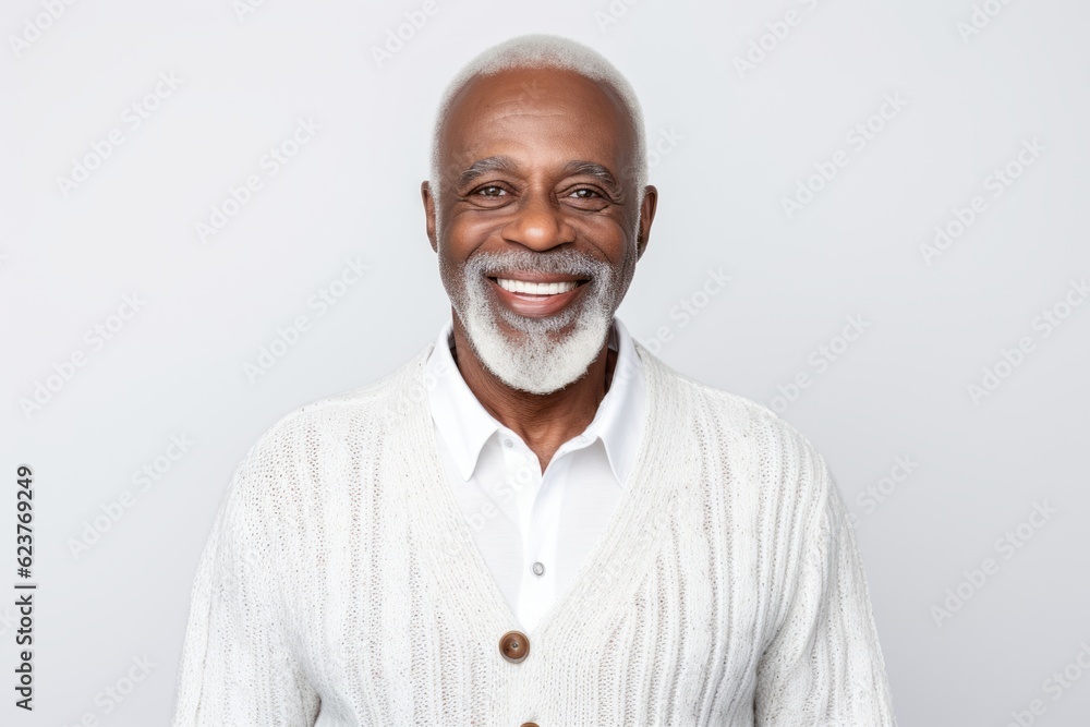 Portrait of smiling senior African American man in white sweater looking at camera Portrait of smiling senior African American man in white sweater looking at camera