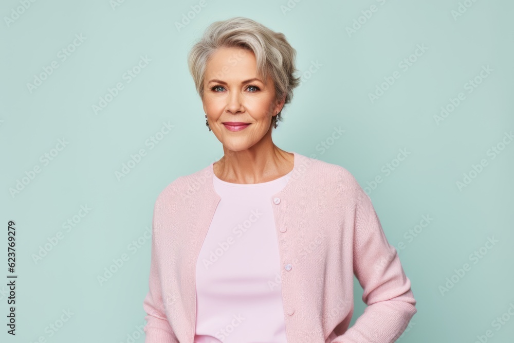 smiling senior woman in pink sweater looking at camera isolated on blue smiling senior woman in pink sweater looking at camera isolated on blue
