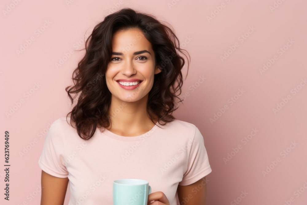 Portrait of smiling young woman with cup of coffee on pink background Portrait of smiling young woman with cup of coffee on pink background