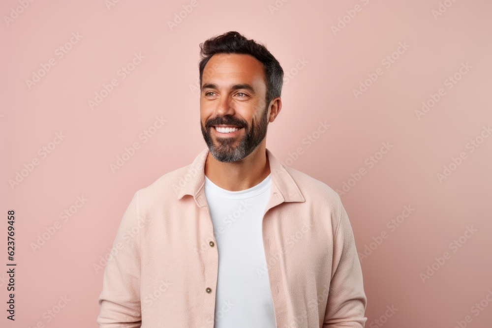 Portrait of a handsome young man smiling and looking at camera isolated over pink background