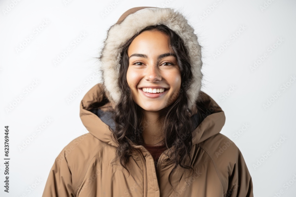 Portrait of a smiling young woman in winter jacket on a white background Portrait of a smiling young woman in winter jacket on a white background
