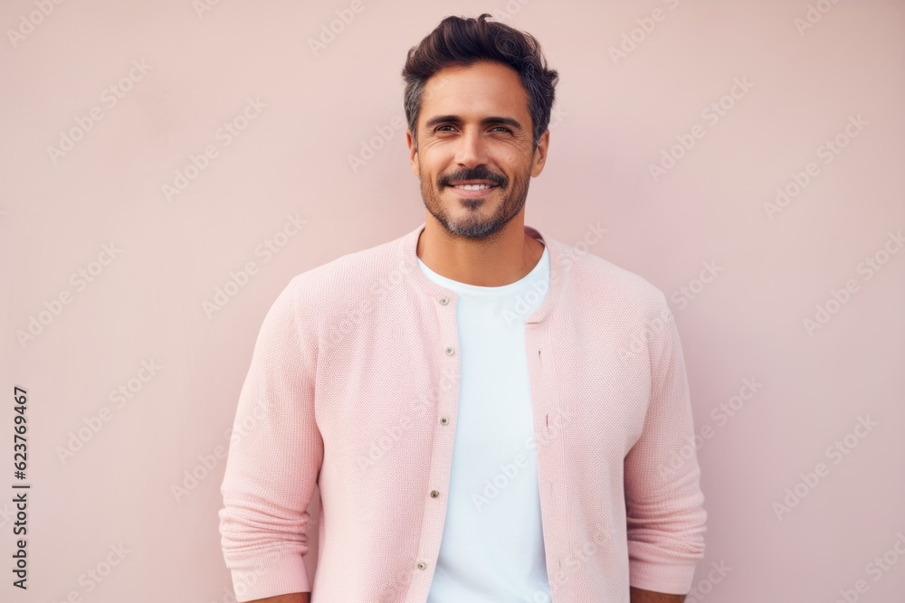 Handsome young man in casual clothes looking at camera and smiling while standing against pink background Handsome young man in casual clothes looking at camera and smiling while standing against pink background