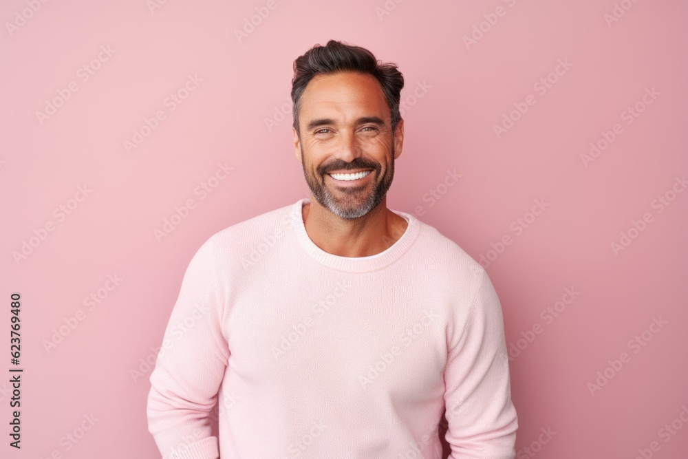 Portrait of happy man looking at camera and smiling while standing against pink background Portrait of happy man looking at camera and smiling while standing against pink background