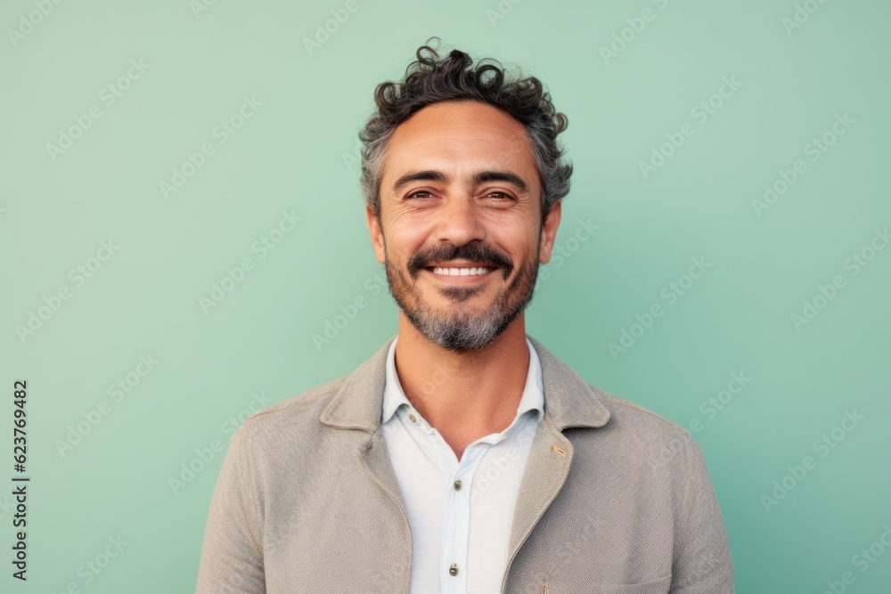 Fototapeta premium Portrait of a handsome man with curly hair on a green background