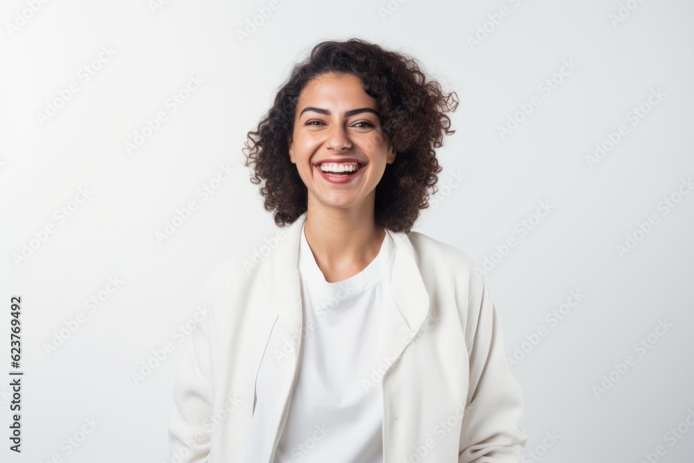 Portrait of smiling businesswoman with curly hair standing against white background Portrait of smiling businesswoman with curly hair standing against white background