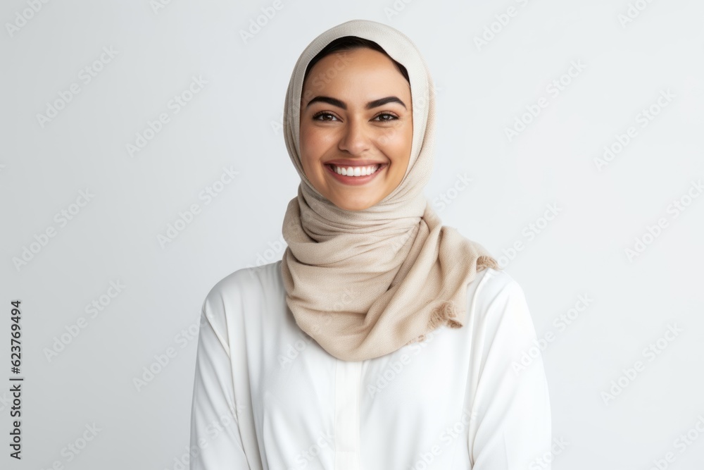 Smiling muslim woman in hijab looking at camera over white background Smiling muslim woman in hijab looking at camera over white background