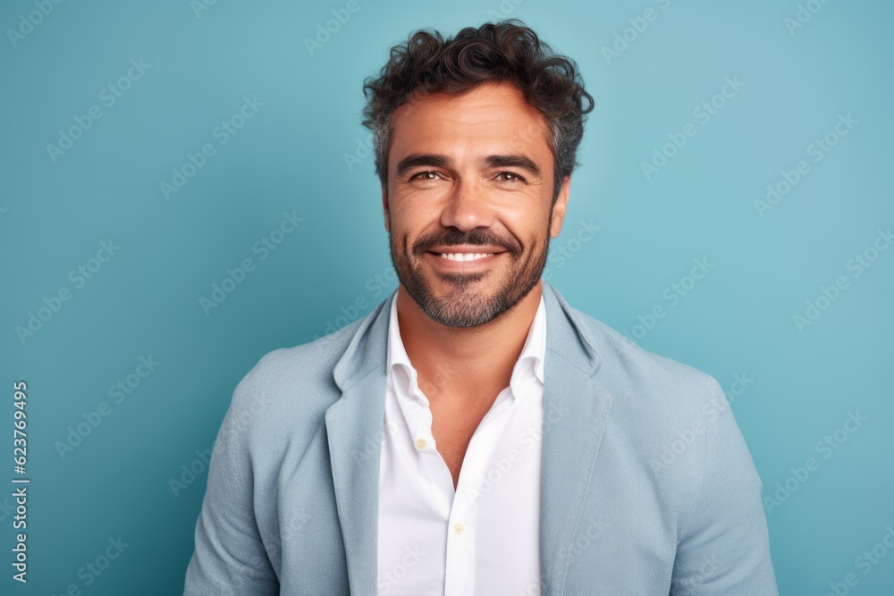 Portrait of handsome young man looking at camera and smiling while standing against blue background Portrait of handsome young man looking at camera and smiling while standing against blue background