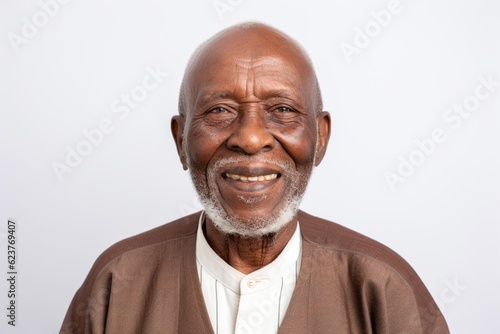 Portrait of an old man with white teeth on a white background