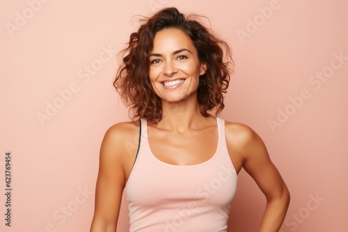 Portrait photography of a cheerful Brazilian woman in her 30s wearing a sporty tank top against a pastel or soft colors background 