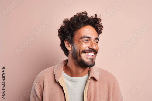 Portrait of a handsome young man with curly hair smiling on a pink background