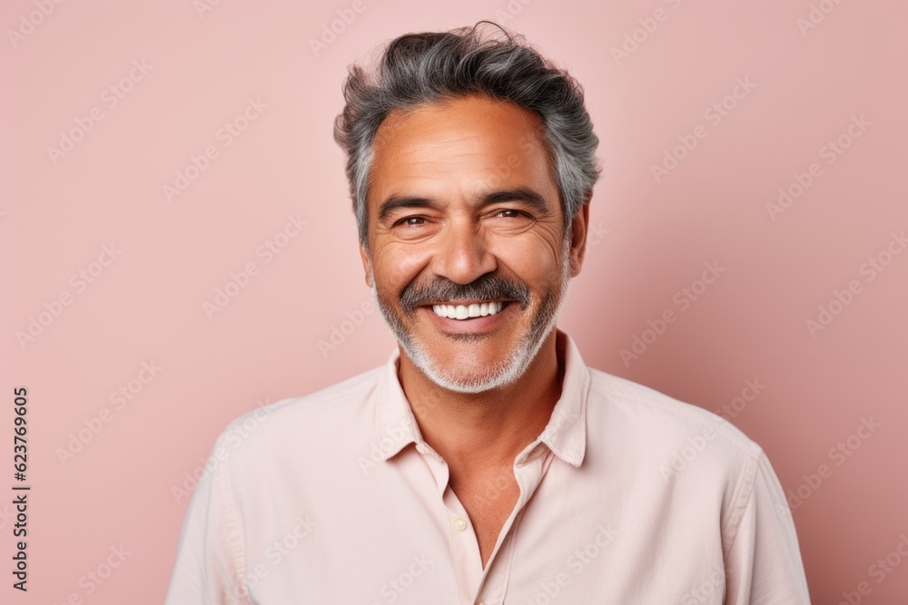 Portrait of a happy mature Indian man smiling while standing against pink background