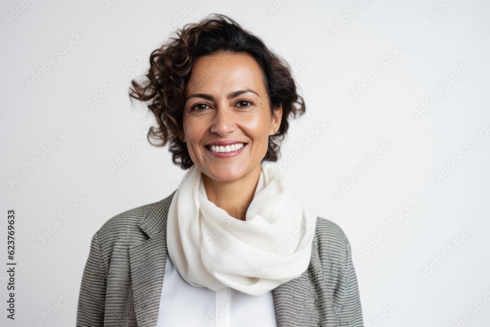 Portrait of smiling businesswoman in jacket and scarf over white background Portrait of smiling businesswoman in jacket and scarf over white background