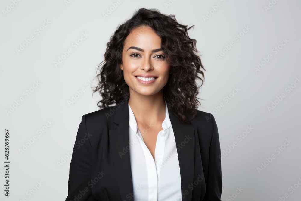 Portrait of a smiling businesswoman with curly hair over gray background Portrait of a smiling businesswoman with curly hair over gray background