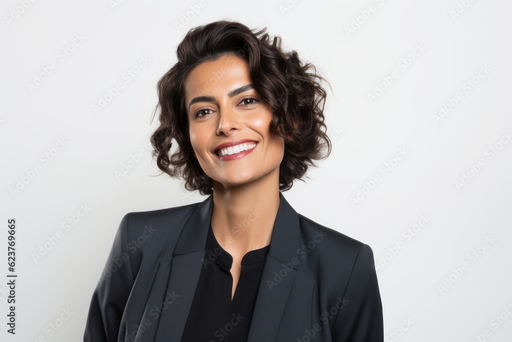Portrait of happy businesswoman smiling at camera over white background. Portrait of happy businesswoman smiling at camera over white background.