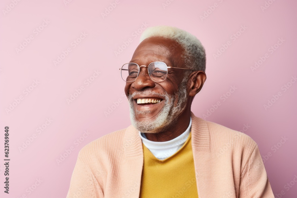 Portrait of a happy african american senior man in eyeglasses smiling against pink background Portrait of a happy african american senior man in eyeglasses smiling against pink background