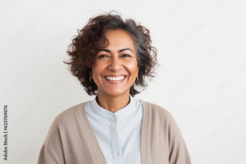 Portrait of smiling middle-aged woman with curly hair on white background Portrait of smiling middle-aged woman with curly hair on white background