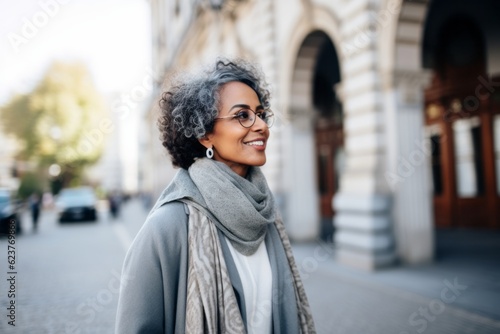 Stylish african american woman in coat and eyeglasses walking on the street. © Robert MEYNER
