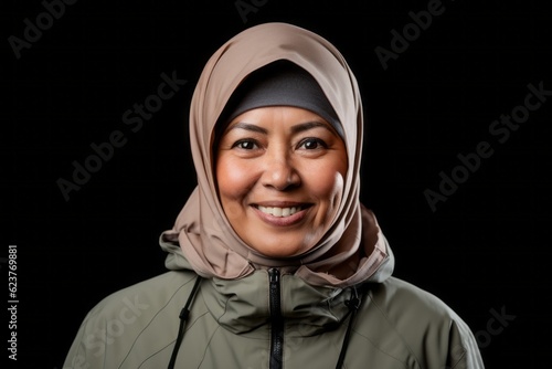 Portrait of a beautiful asian muslim woman smiling on black background