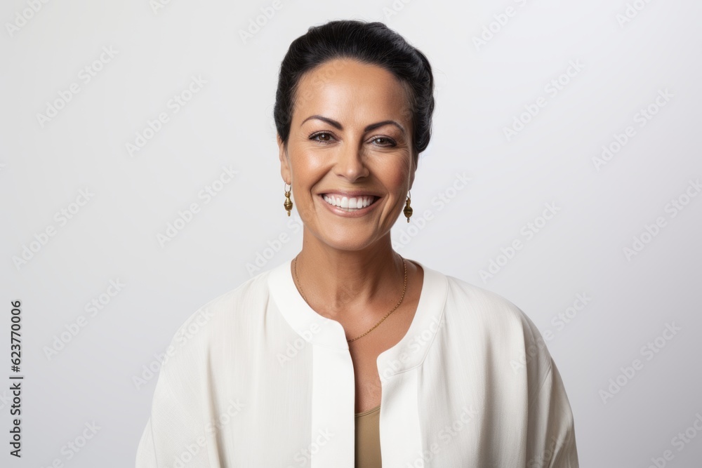 Portrait of a beautiful smiling woman in white blouse on white background Portrait of a beautiful smiling woman in white blouse on white background