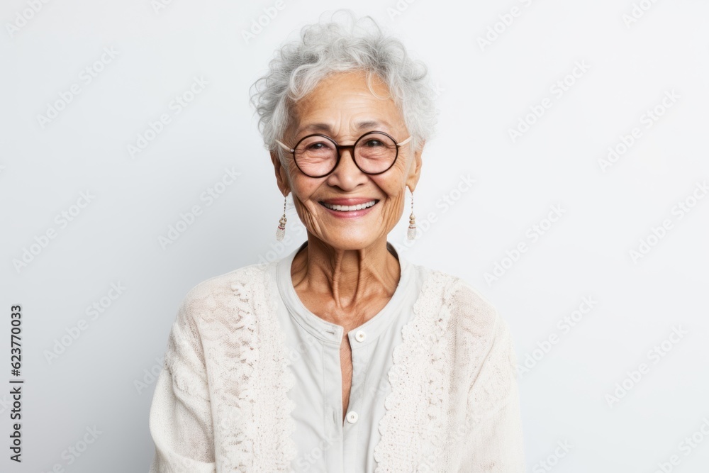 Portrait of a smiling senior woman wearing eyeglasses against white background Portrait of a smiling senior woman wearing eyeglasses against white background