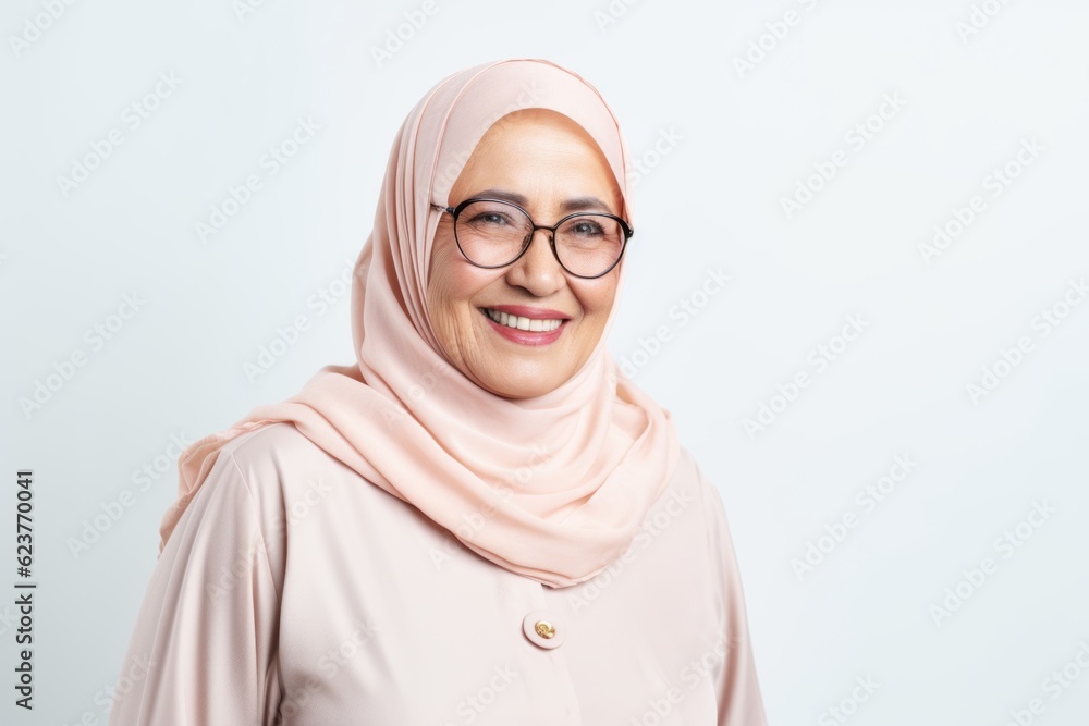 Hijab woman with eyeglasses on white background, studio shot