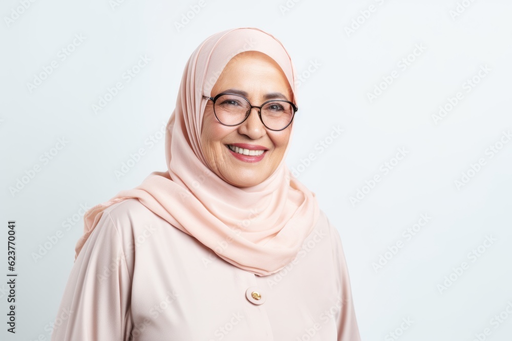 Hijab woman with eyeglasses on white background, studio shot Hijab woman with eyeglasses on white background, studio shot