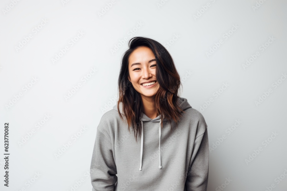 Portrait of a smiling young asian woman in grey hoodie Portrait of a smiling young asian woman in grey hoodie