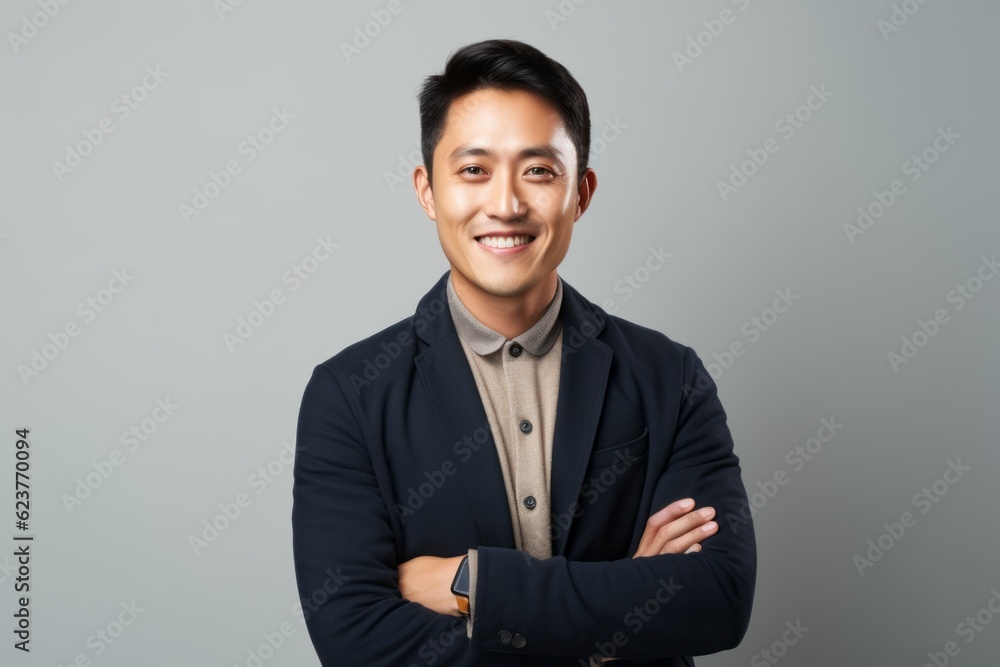 Portrait of a happy young asian business man standing over gray background Portrait of a happy young asian business man standing over gray background