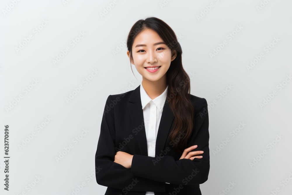 Portrait of young asian businesswoman standing with arms crossed on white background Portrait of young asian businesswoman standing with arms crossed on white background
