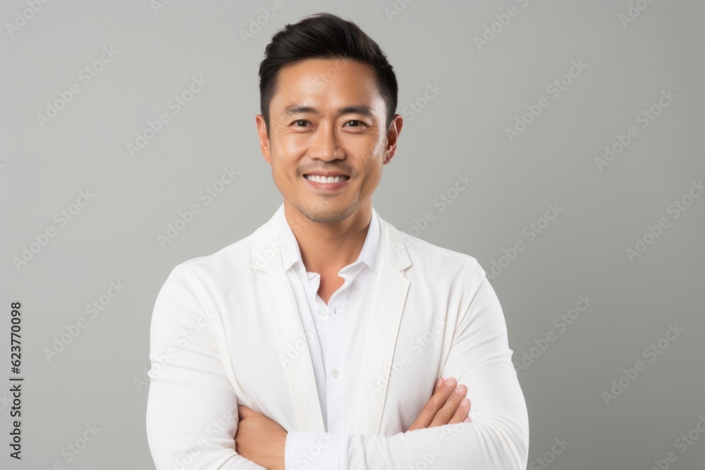 Portrait of smiling asian businessman with arms crossed over grey background Portrait of smiling asian businessman with arms crossed over grey background