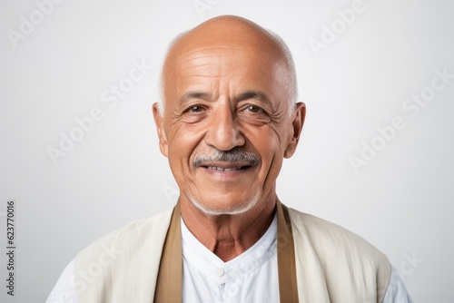 Portrait of an old man with a smile on a white background