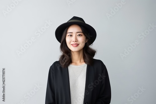 Portrait of a pretty young asian woman in black coat and hat © Robert MEYNER