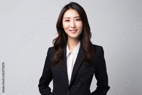 Portrait of a young business woman standing on gray background, asian