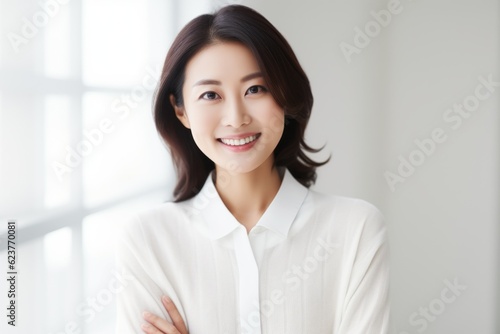 business woman smiling and looking at camera in the office. asian