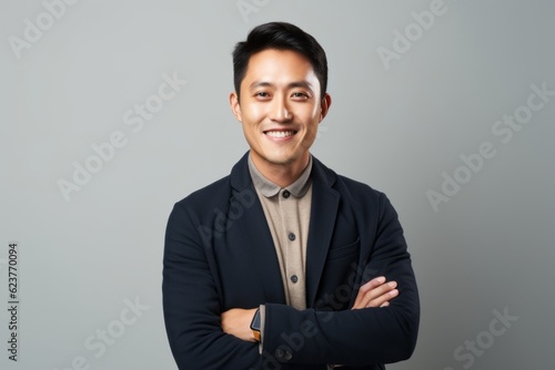 Portrait of a happy young asian business man standing over gray background