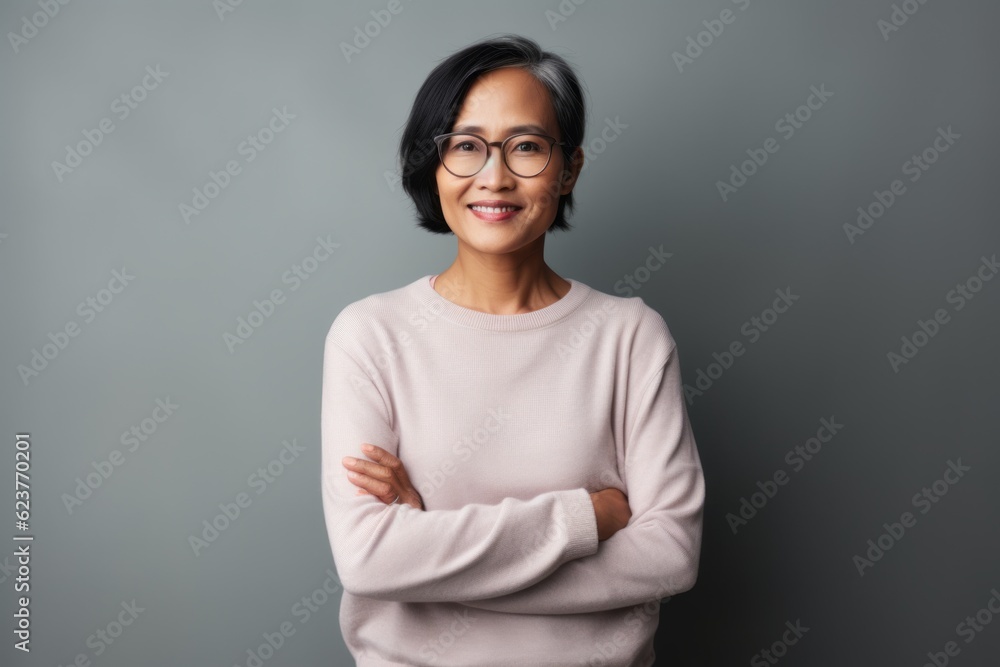 Portrait of smiling Asian woman in eyeglasses on grey background Portrait of smiling Asian woman in eyeglasses on grey background
