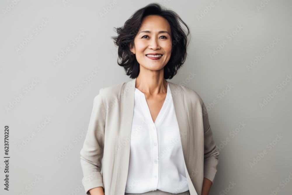 Portrait photography of a pleased Indonesian woman in her 50s wearing a chic cardigan against a minimalist or empty room background Portrait photography of a pleased Indonesian woman in her 50s wearing a chic cardigan against a minimalist or empty room background