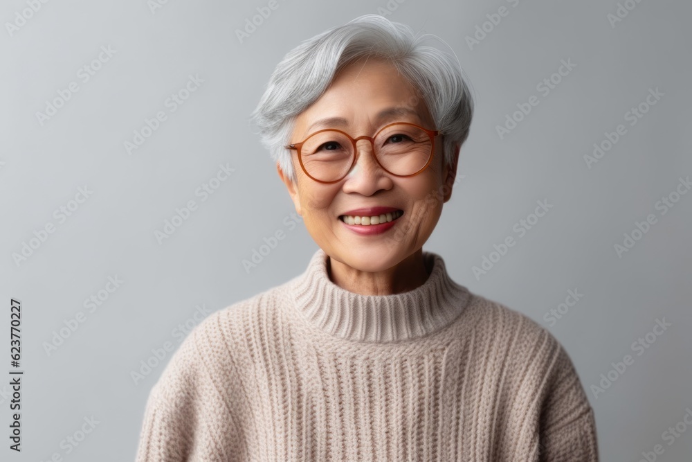 Portrait of senior Asian woman wearing eyeglasses on grey background Portrait of senior Asian woman wearing eyeglasses on grey background