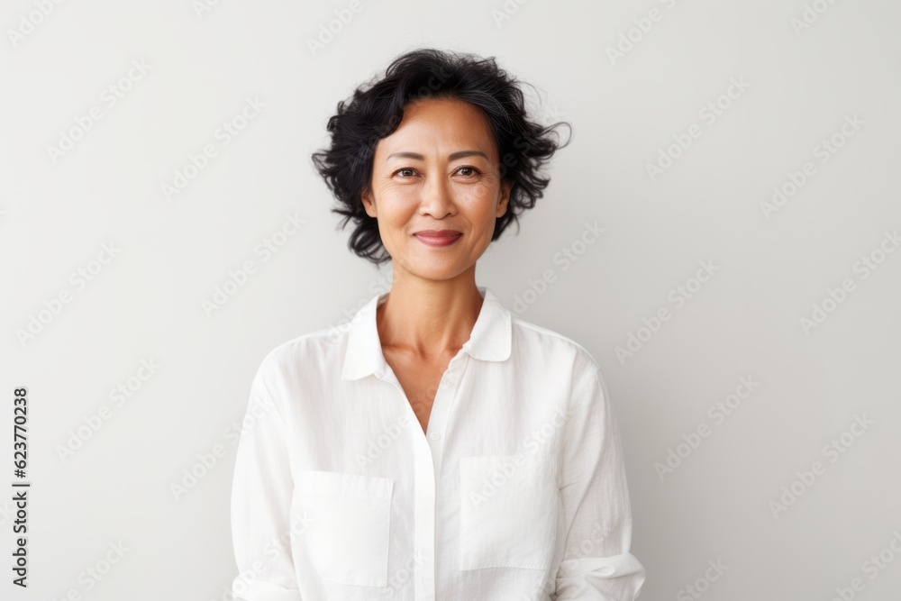Portrait of a smiling mature asian woman standing against white background Portrait of a smiling mature asian woman standing against white background