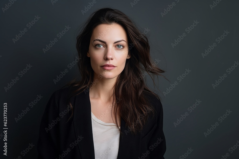 Portrait of a beautiful brunette woman in a black jacket on a gray background