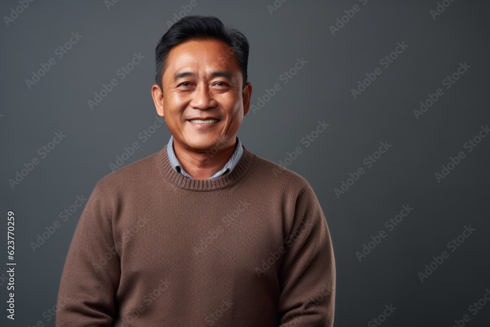 Portrait of a happy Asian man smiling at camera against gray background