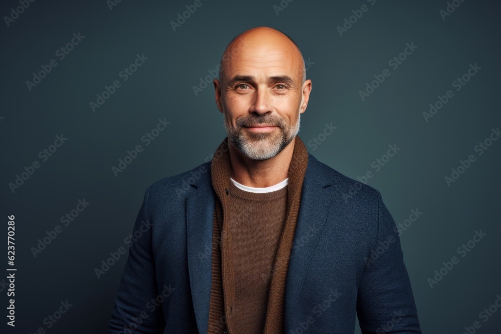 Handsome mature man looking at camera and smiling while standing against grey background Handsome mature man looking at camera and smiling while standing against grey background